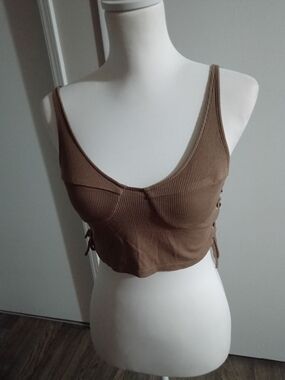 Forever 21 Brown Ribbed Lace-Up Cropped Tank